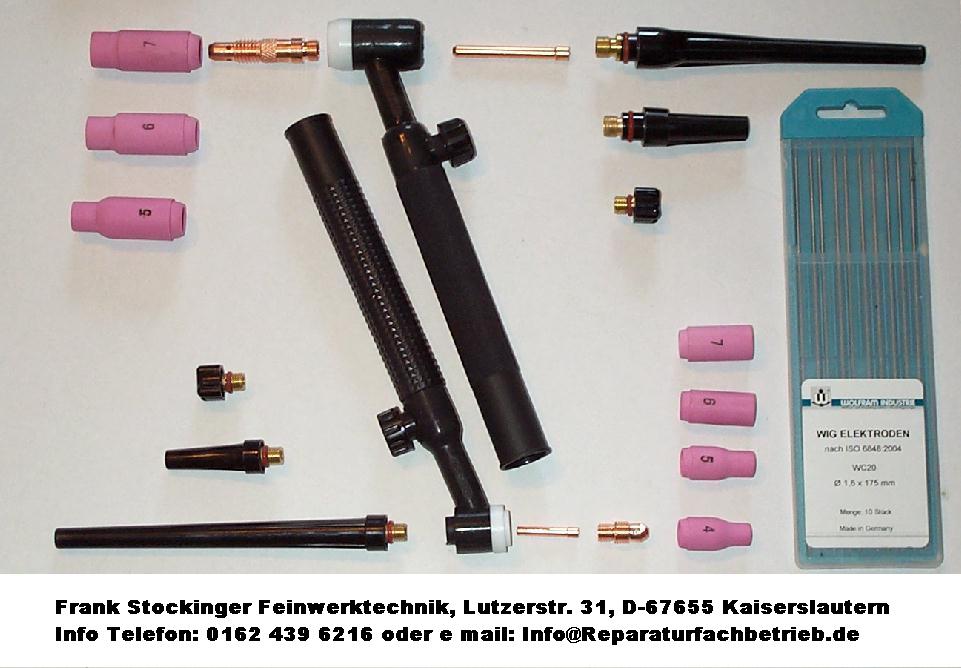 Verschleißteile und Ersatzteile, Keramikdüsen, Brennerkappe, Brennergriff, Spannhülsen und Wolfram Elektroden für WIG Schweißgerät.